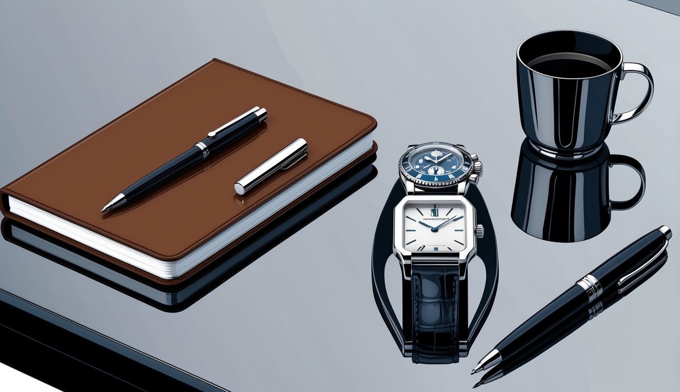 A sleek and stylish executive desk adorned with luxury watches, a leather-bound notebook, and a polished pen, exuding sophistication and craftsmanship