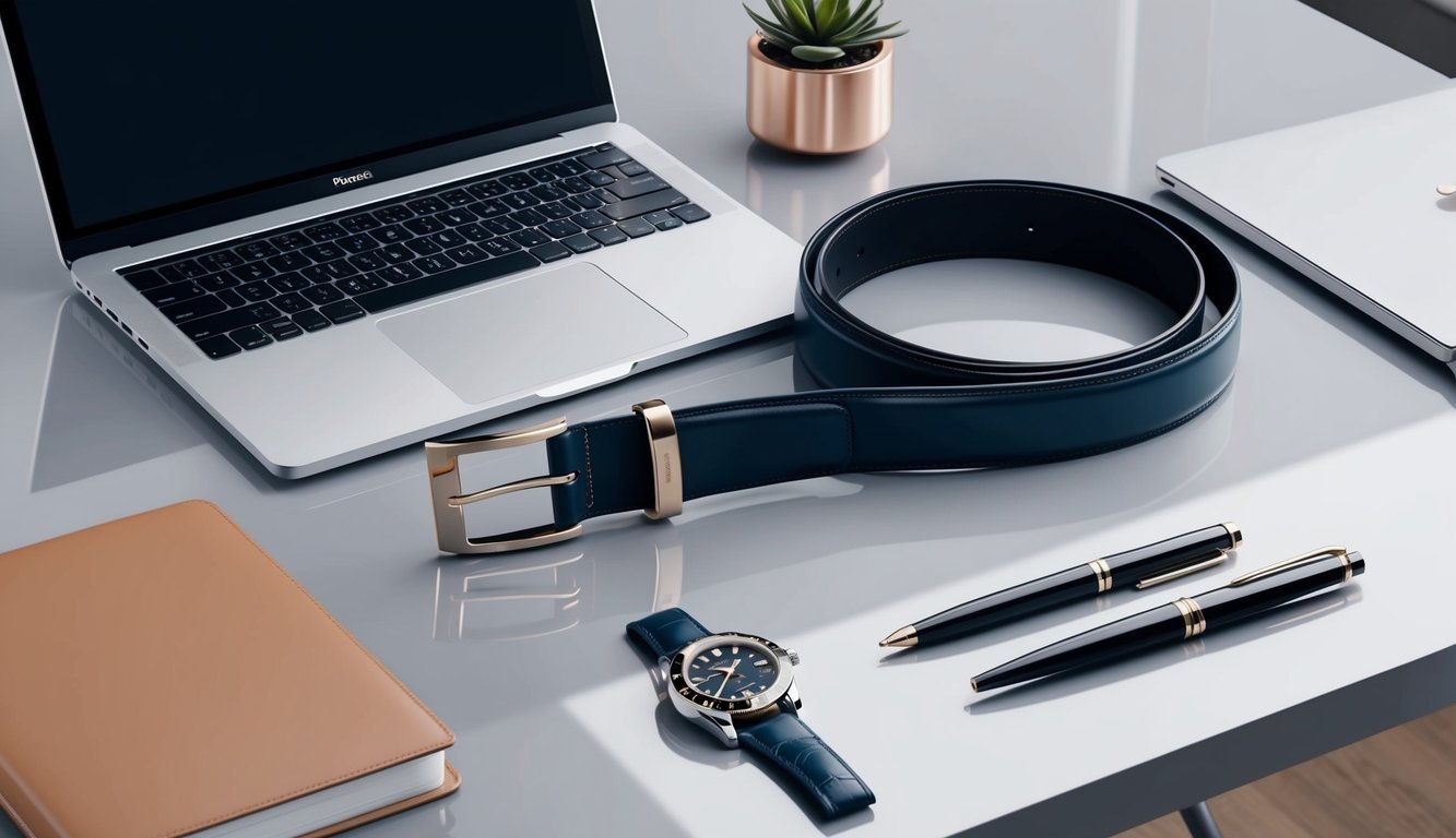 A sleek, modern office desk with a Porche Design Business Belt laid out next to a high-end laptop, luxury pen, and designer watch