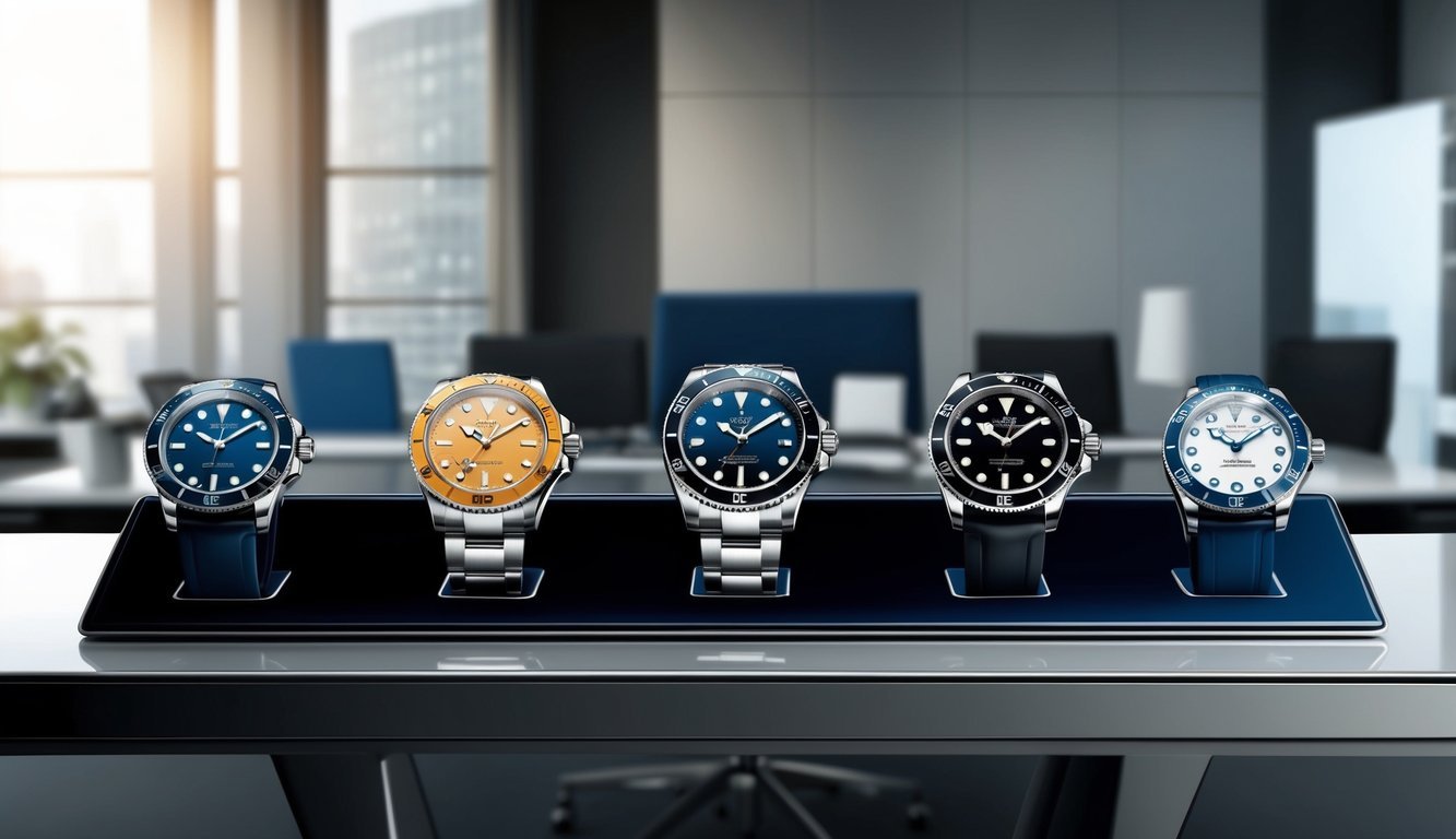A sleek office desk with five luxurious watches arranged in a row, set against a backdrop of a modern corporate office environment with subtle hints of prestige and sophistication
