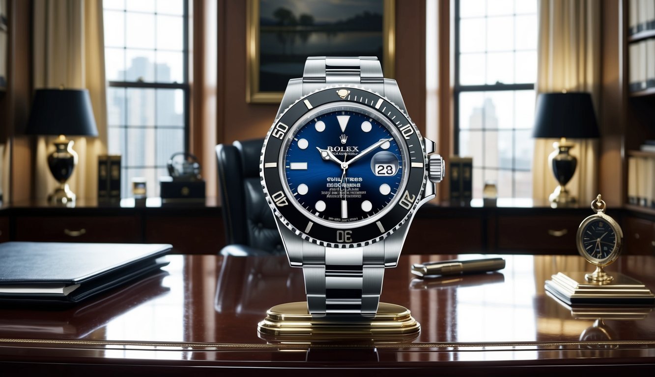 A sleek Rolex Submariner sits on a polished desk, surrounded by luxury office decor, exuding prestige and sophistication