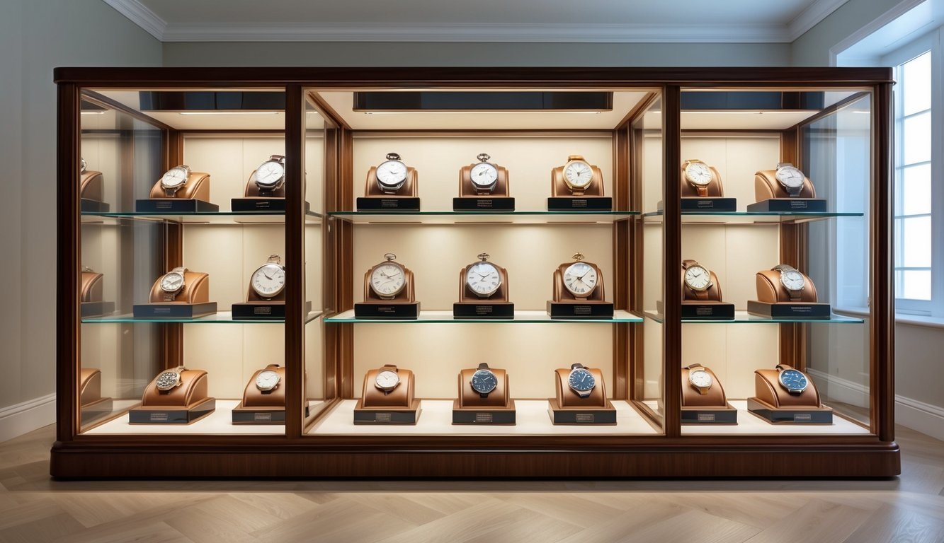 Display case filled with various luxury watches on brown stands