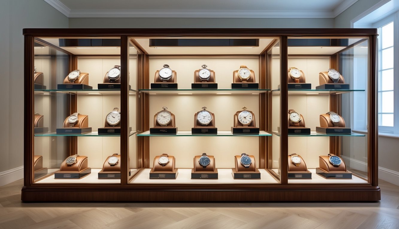 A display case showcasing 10 rare and exquisite timepieces, each with intricate details and unique designs, arranged in a well-lit room
