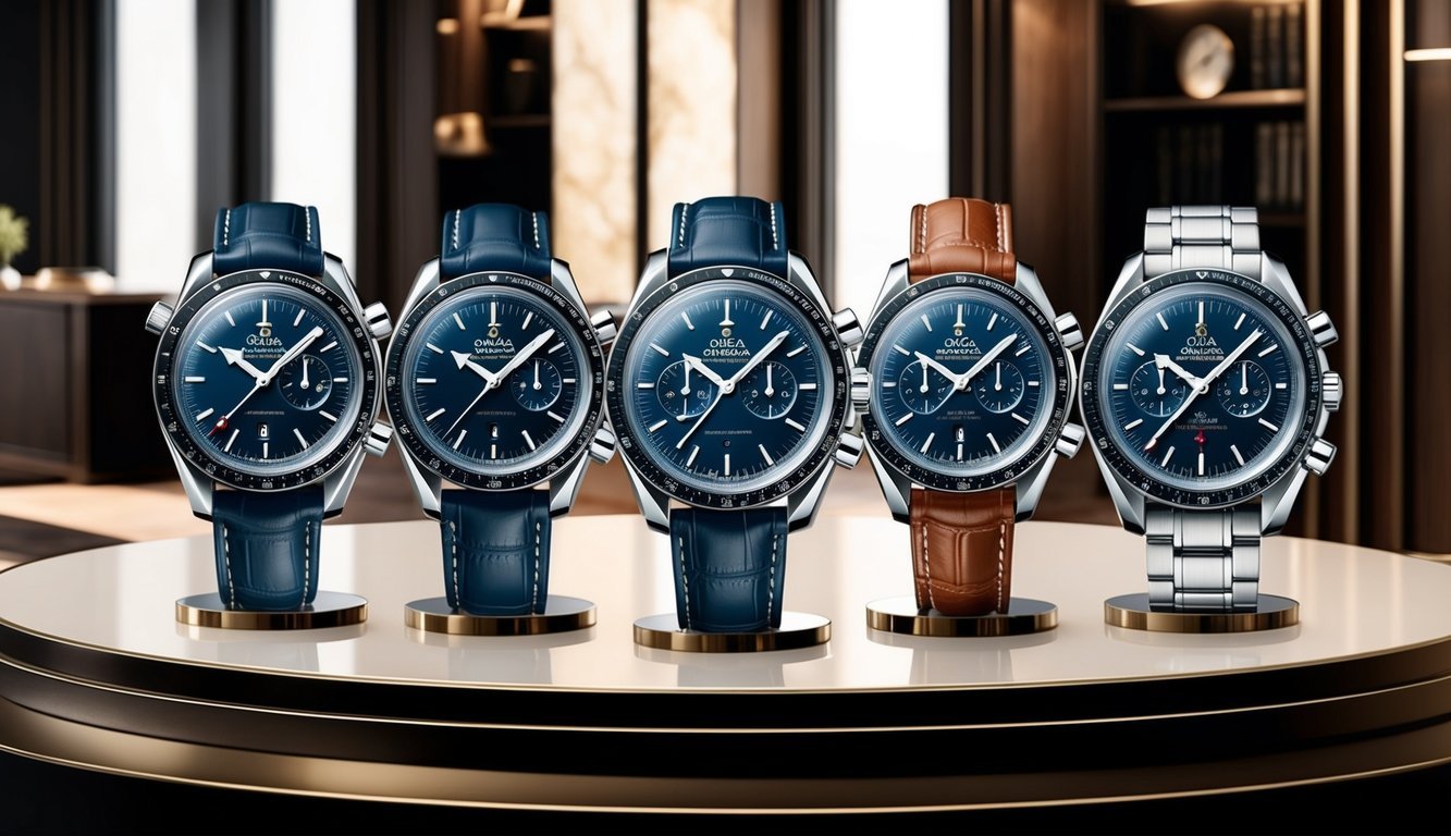 A sleek Omega Speedmaster Professional watch displayed alongside four other prestigious timepieces in a luxurious corporate setting