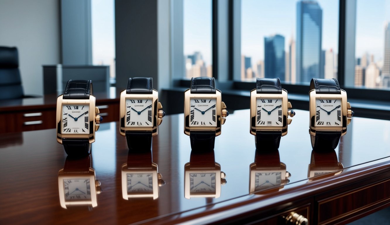 Five Cartier Tank watches arranged on a polished wooden desk in a modern office setting, with a city skyline visible through the window in the background