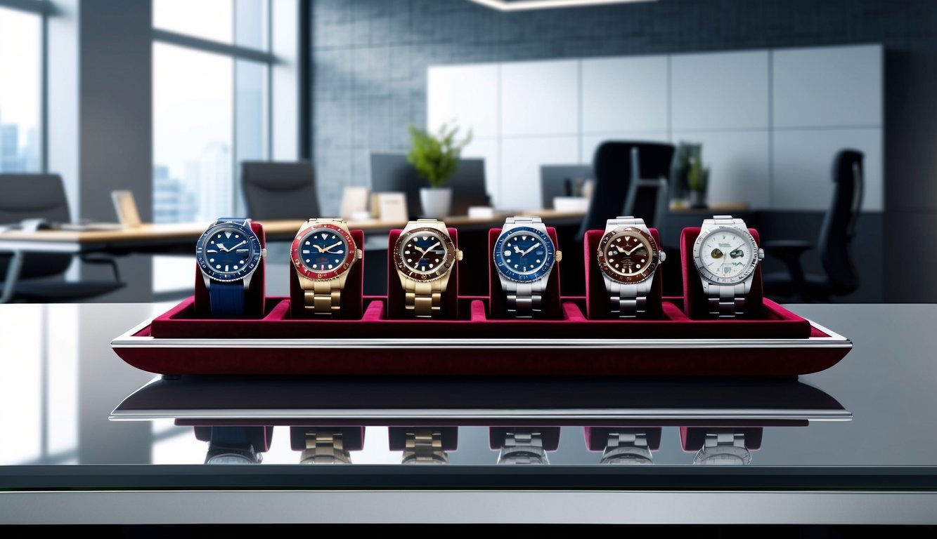 A sleek desk with five luxurious watches displayed on a velvet-lined tray, set against a backdrop of a modern corporate office