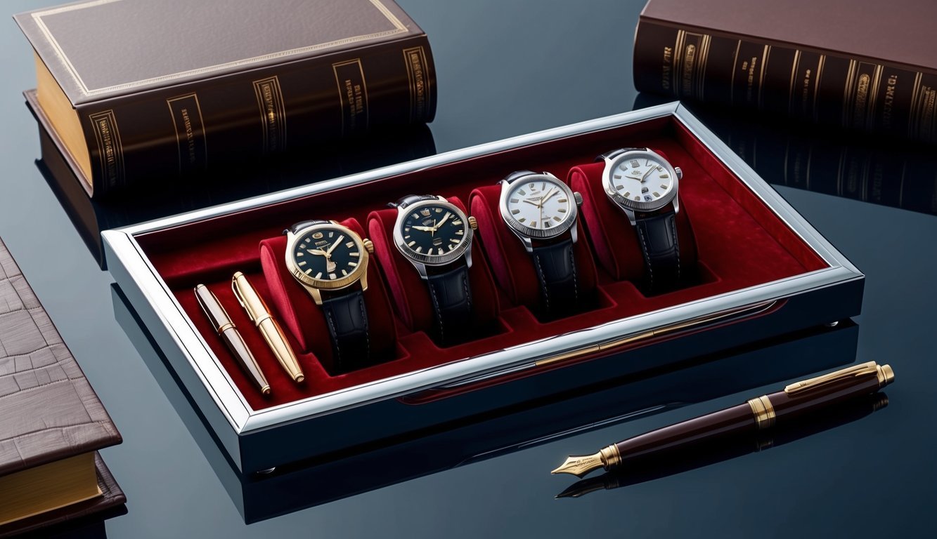 A sleek executive desk with five luxurious watches displayed on a velvet-lined tray, surrounded by leather-bound books and a polished brass pen set