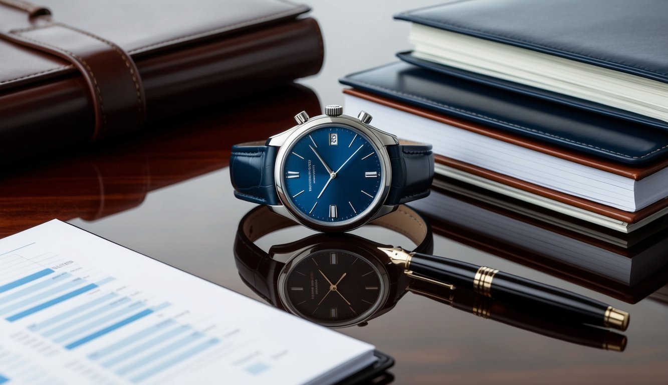 A sleek luxury watch resting on a polished wooden desk, surrounded by a leather-bound planner, a fountain pen, and a stack of financial reports