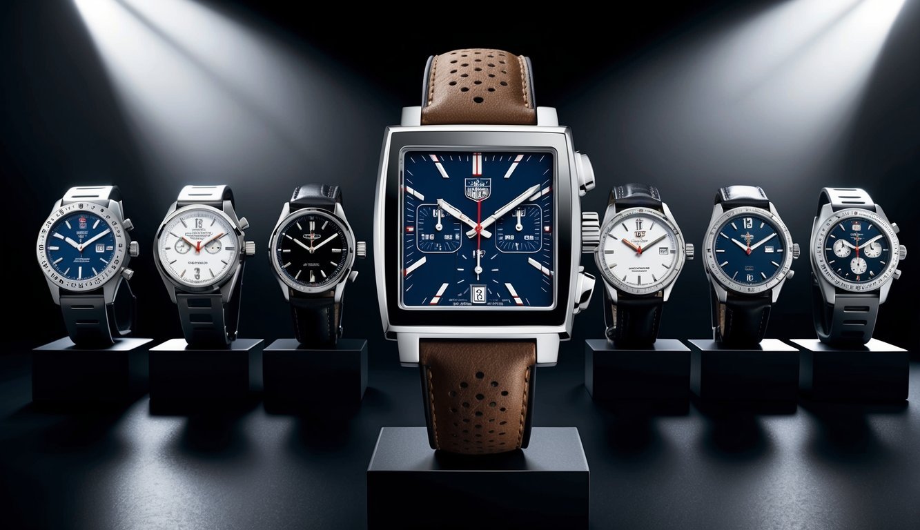A sleek Tag Heuer Monaco Steve McQueen watch displayed among 10 rare timepieces, set against a dark backdrop with dramatic lighting