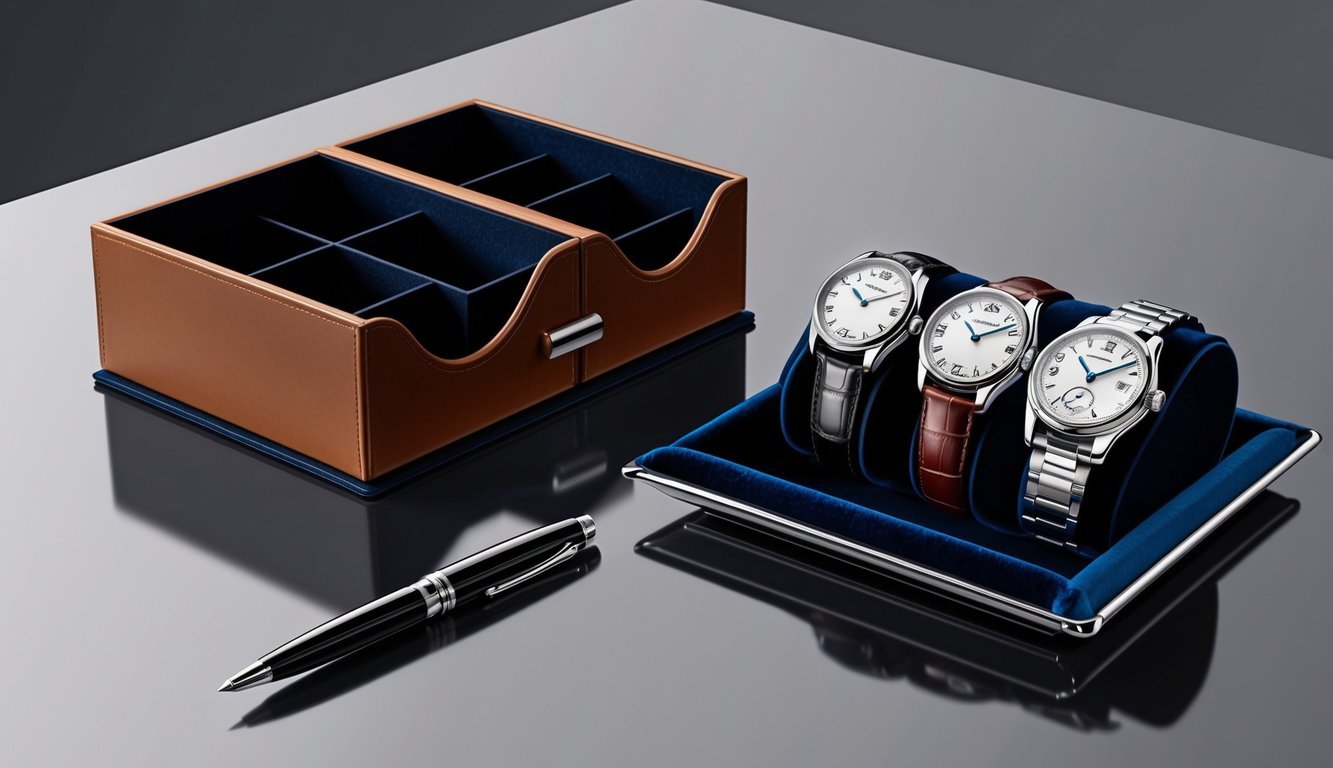A sleek desk with a leather organizer, a polished pen, and five luxurious, classic watches displayed on a velvet tray