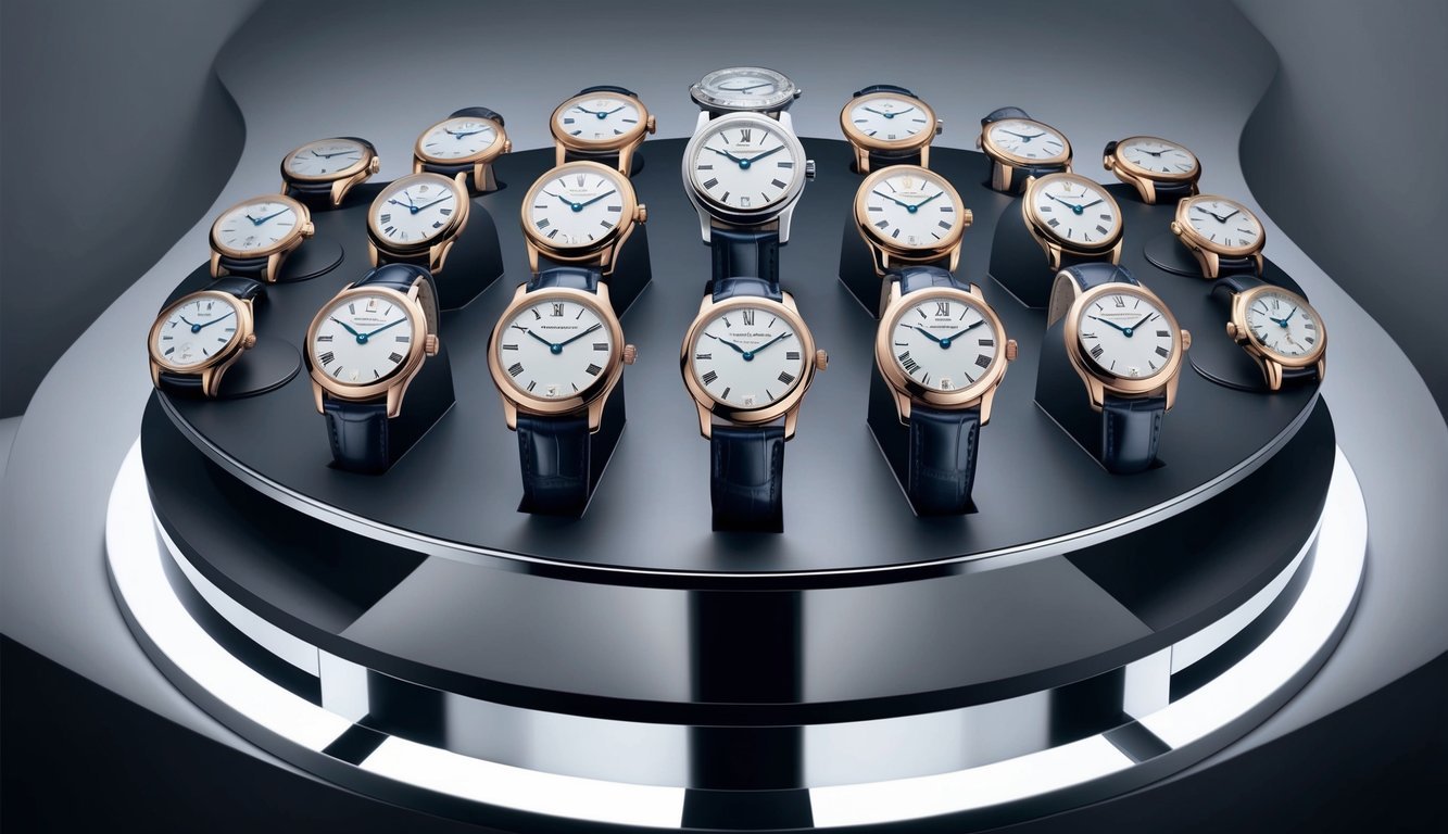 A luxurious display of 10 Vacheron Constantin Overseas timepieces arranged on a sleek, modern pedestal, with soft, indirect lighting highlighting the intricate details of each watch