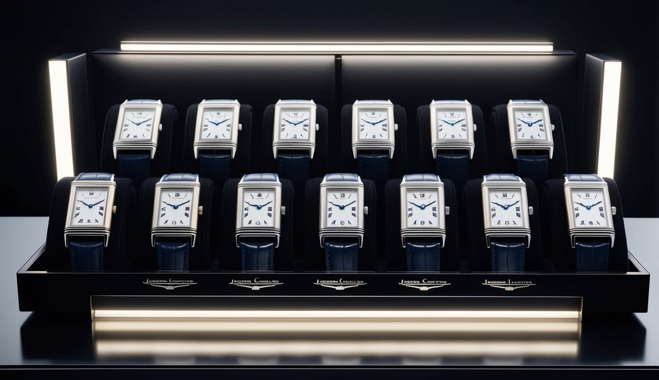 A display of 10 Jaeger-LeCoultre Reverso timepieces arranged on a sleek black surface with soft, focused lighting highlighting their intricate details