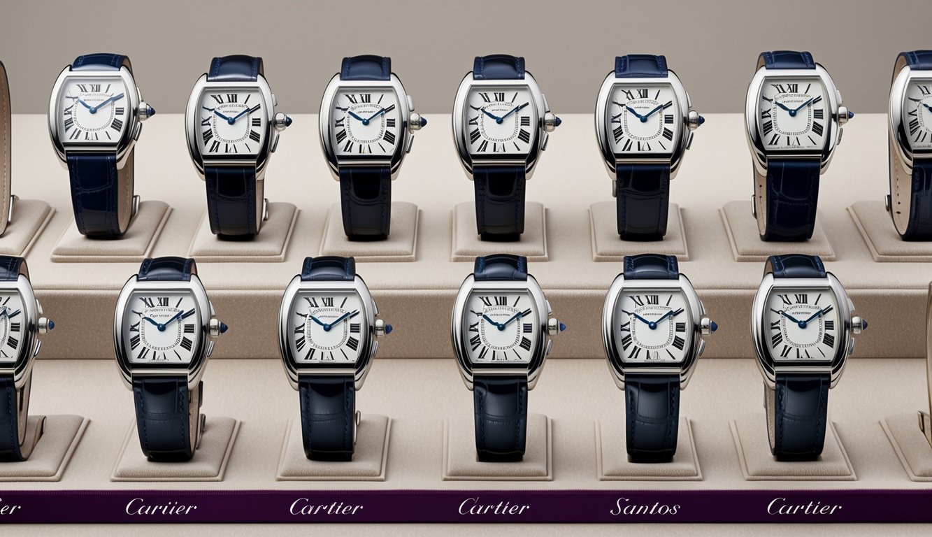 A display of 10 Cartier Santos timepieces arranged on a velvet-lined platform, each one gleaming with intricate details and craftsmanship