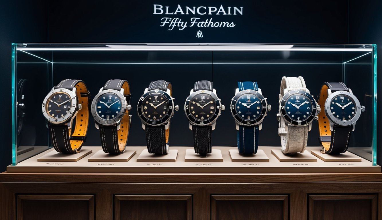 A display case showcasing ten rare Blancpain Fifty Fathoms timepieces, each with unique designs and features, arranged in a museum-like setting