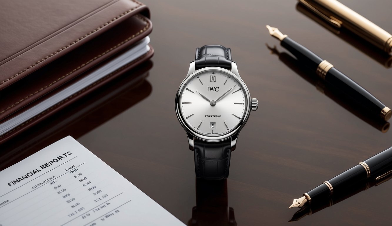 A sleek, luxurious IWC Schaffhausen Portofino watch resting on a polished mahogany desk, surrounded by a leather-bound planner, a fountain pen, and a stack of financial reports