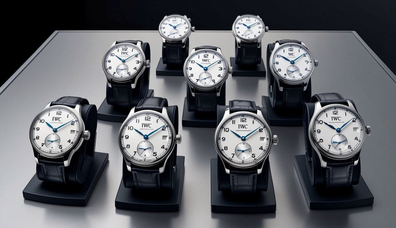 A display of 10 IWC Portugieser timepieces arranged on a sleek, modern surface, each watch positioned to showcase its unique design and intricate details