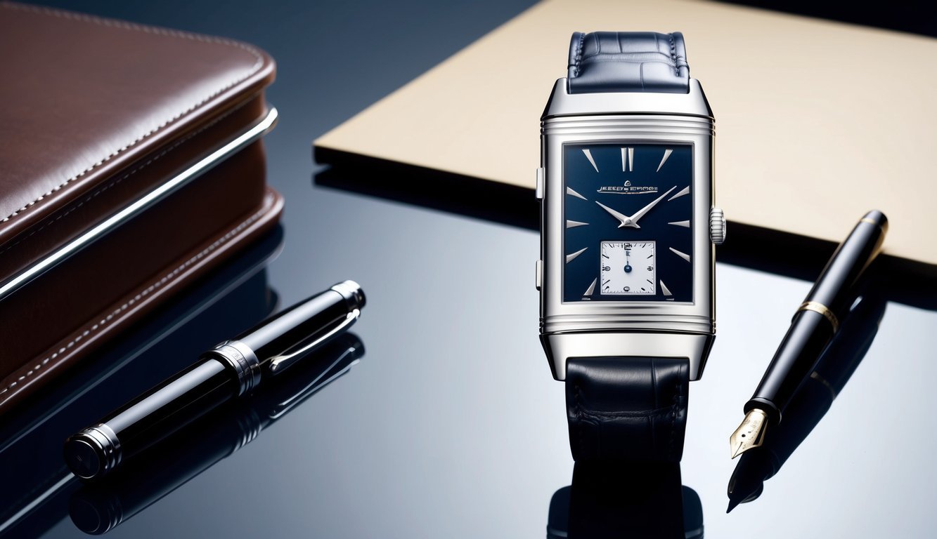 A sleek Jaeger-LeCoultre Reverso watch displayed on a polished desk next to a leather briefcase and a fountain pen