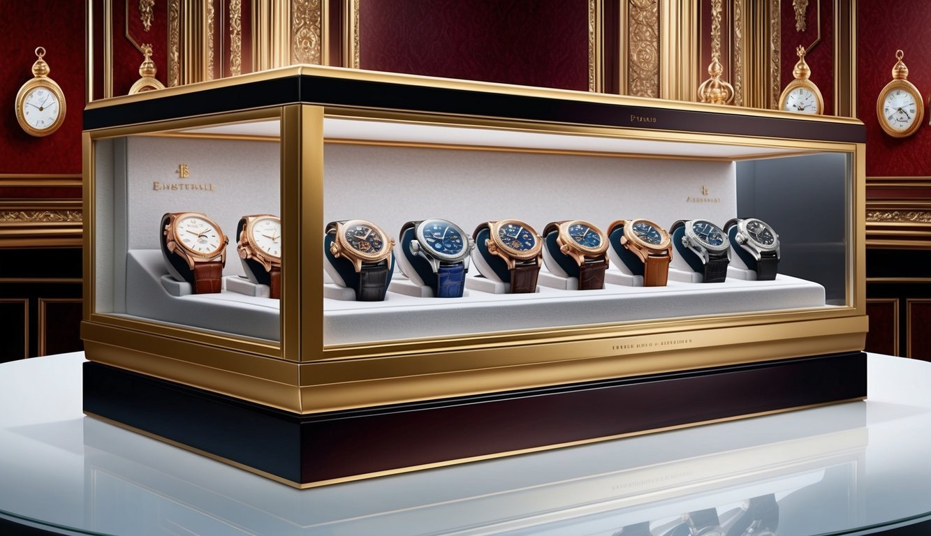 A display case showcasing 10 rare and exquisite timepieces, each with intricate designs and craftsmanship, set against a luxurious backdrop