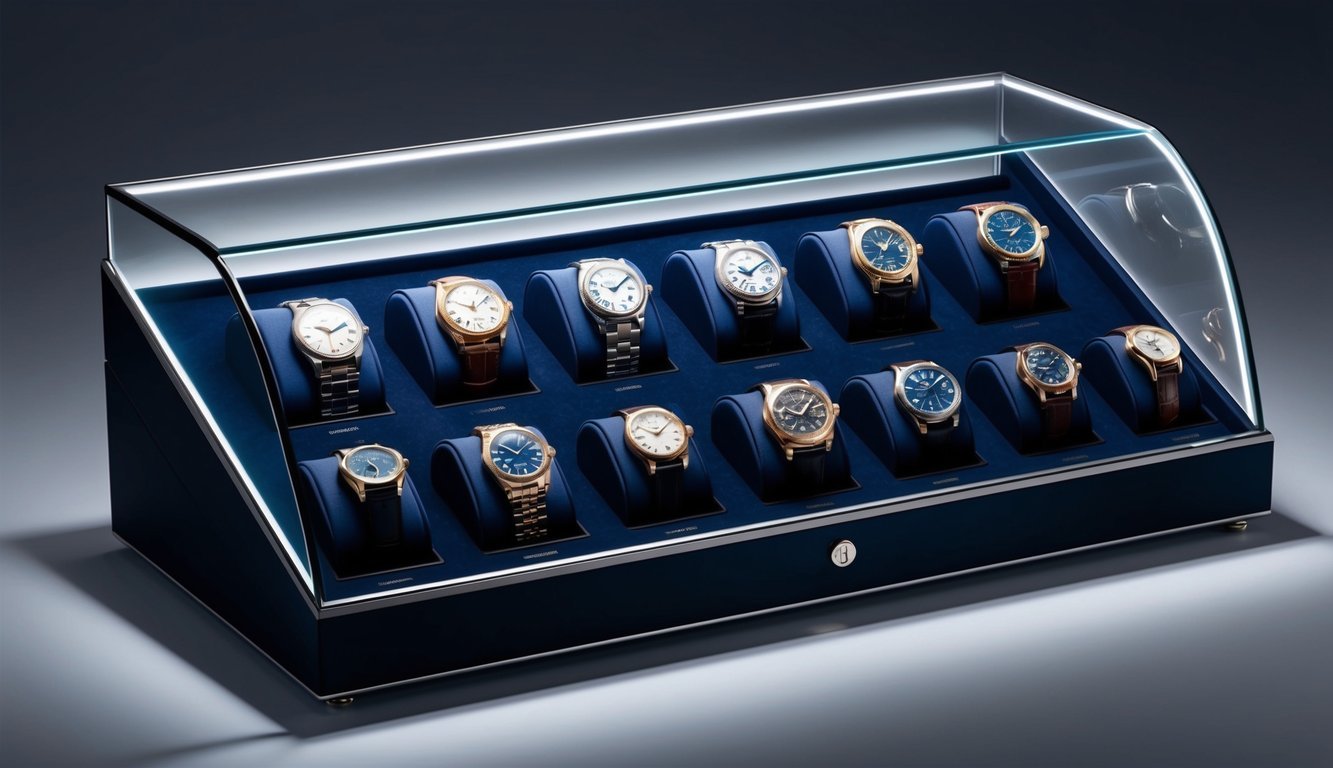 A sleek display case holds 10 rare timepieces, each meticulously arranged with precision.</p><p>The lighting highlights the intricate details of the watches, creating a captivating and prestigious collection