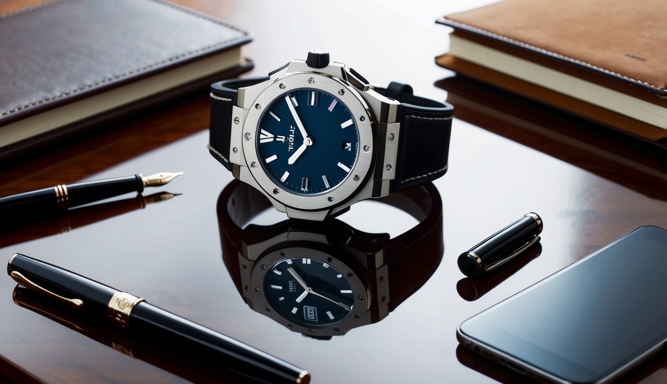 A luxurious Hublot Big Bang watch displayed on a polished wooden desk, surrounded by business-related items such as a leather-bound notebook, a fountain pen, and a sleek smartphone