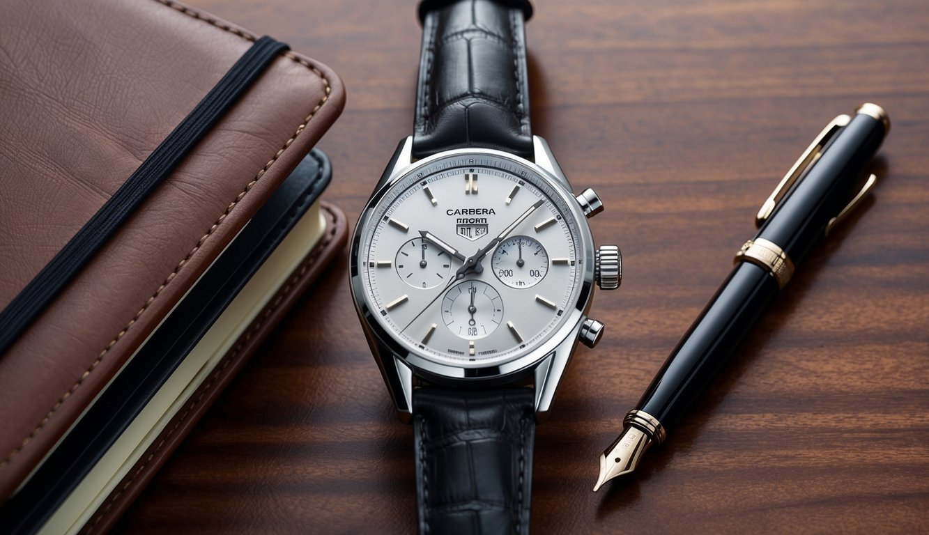 A sleek Tag Heuer Carrera watch resting on a mahogany desk next to a leather-bound planner and a fountain pen