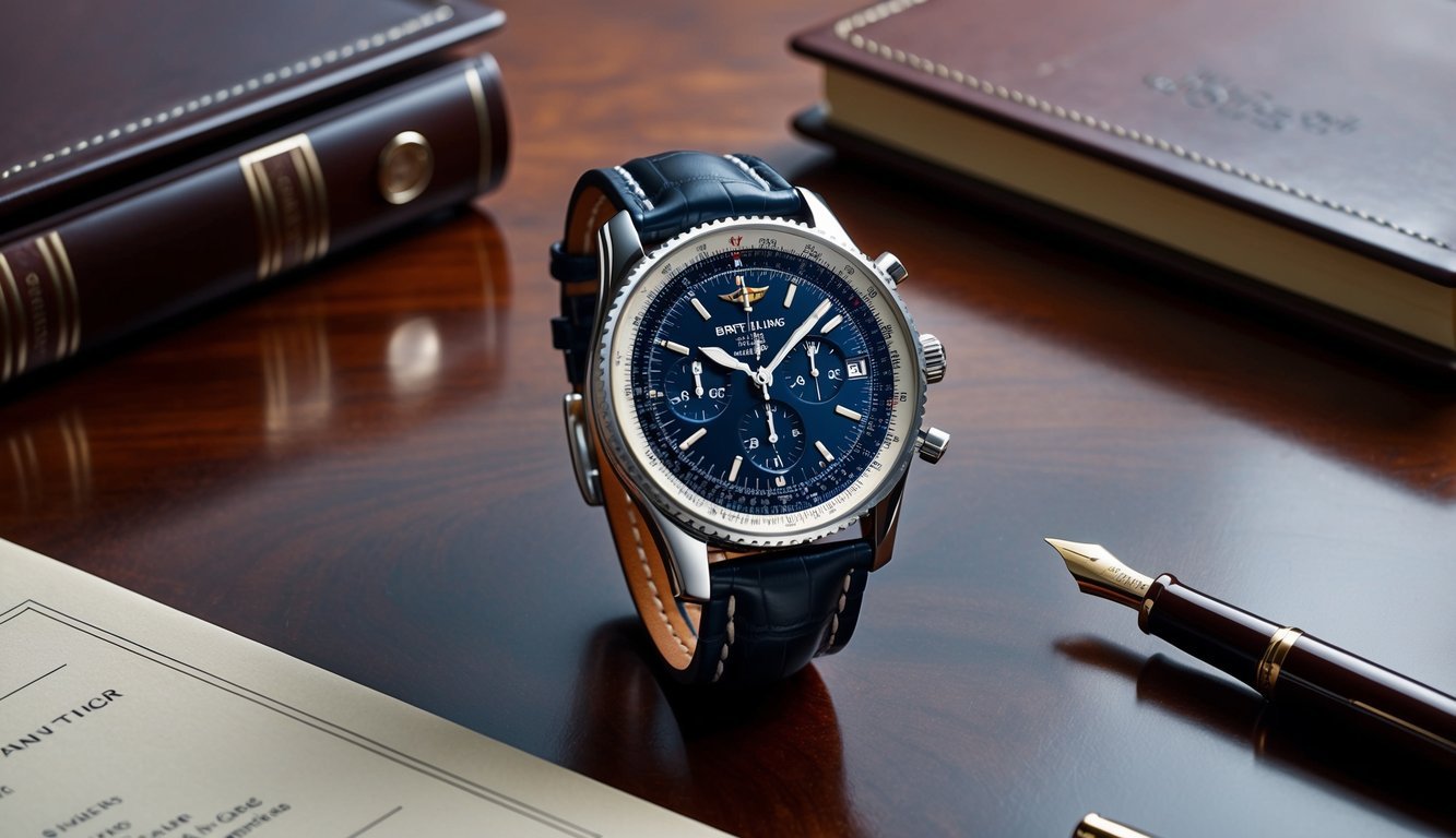 A sleek Breitling Navitimer luxury watch on a polished mahogany desk, surrounded by leather-bound business documents and a gleaming fountain pen