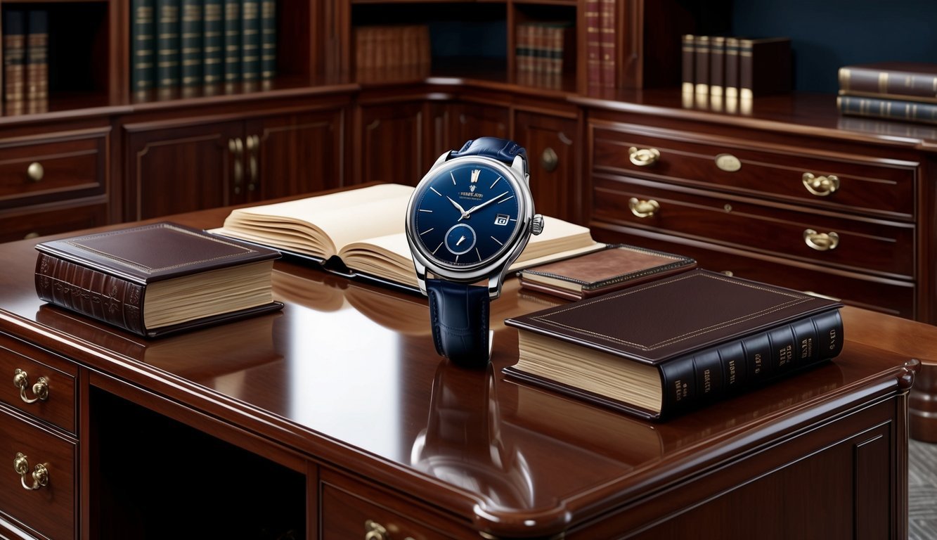 A luxurious office desk with a sleek, timeless luxury watch placed prominently in the center, surrounded by leather-bound books and polished mahogany furniture