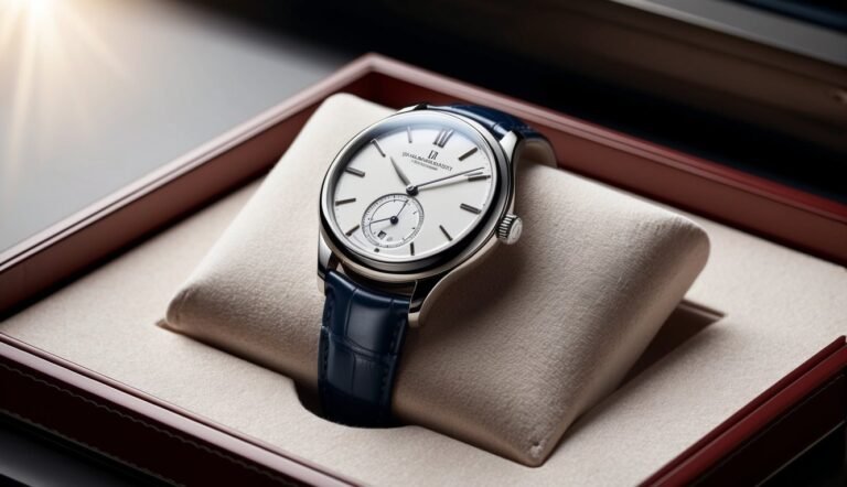 Luxury wristwatch with blue leather strap, resting in a presentation box