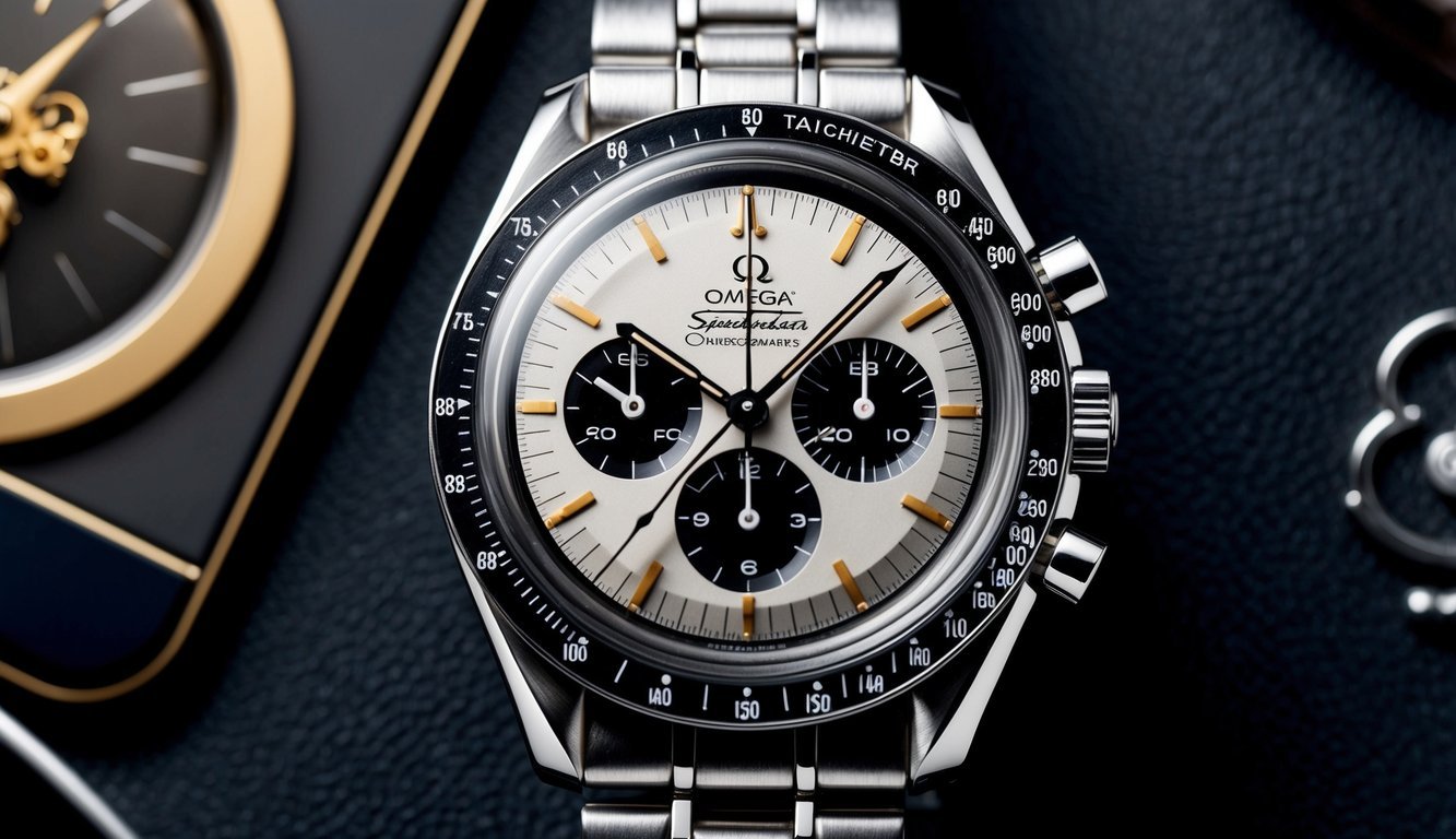 A close-up of a vintage Omega Speedmaster watch, with intricate details of the dial, bezel, and bracelet, set against a dark, luxurious background