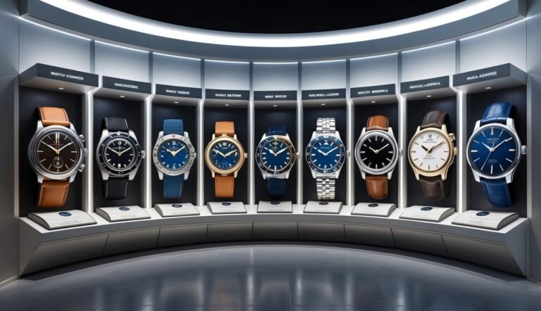 Display of nine luxury watches in a modern, curved display case