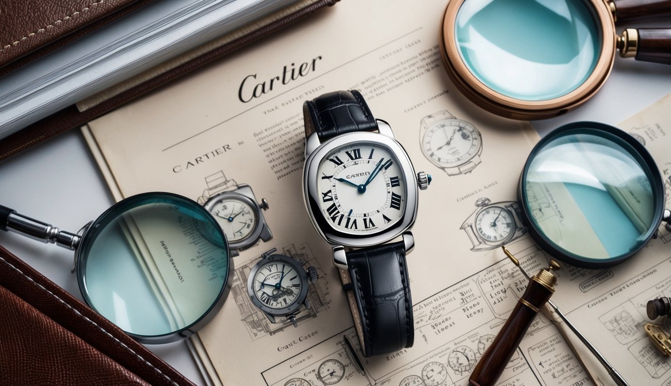 A Cartier Tank watch surrounded by magnifying glasses, vintage watch catalogs, and expert appraisers examining its intricate details