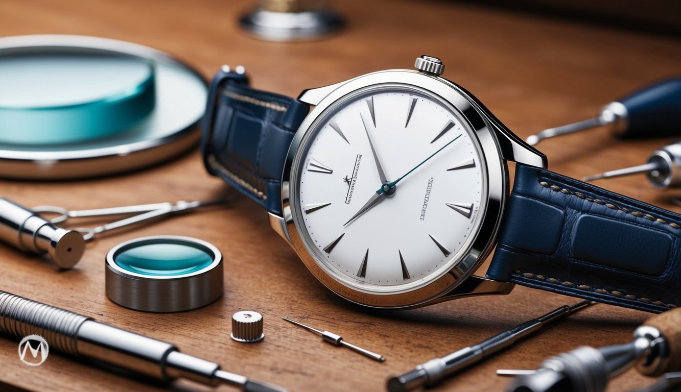 A close-up of a Jaeger-LeCoultre Reverso watch being examined by experts, with magnifying glasses and tools scattered around on a wooden workbench