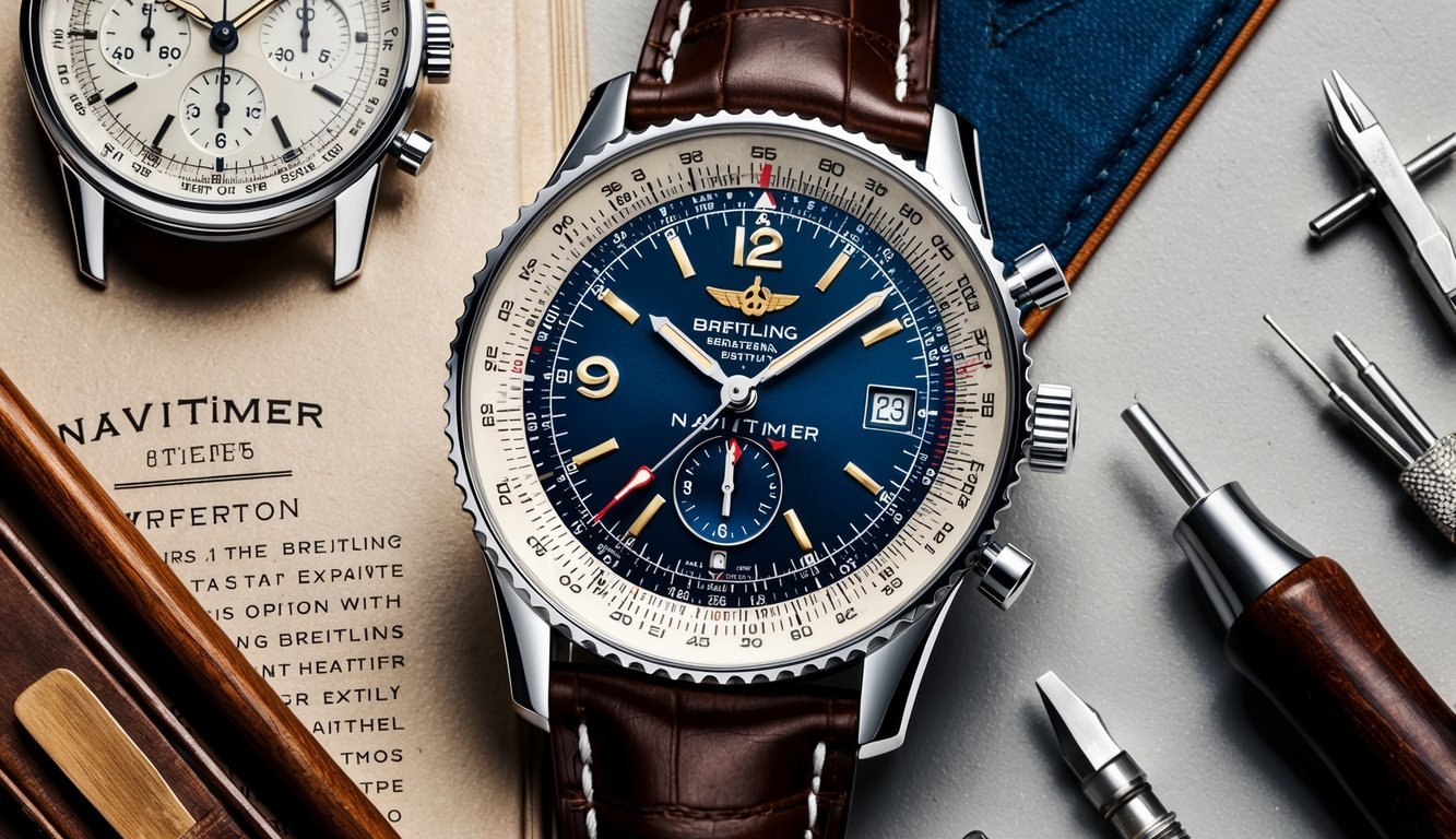 A close-up of a Breitling Navitimer watch, surrounded by vintage watch catalogs, tools, and expert opinions
