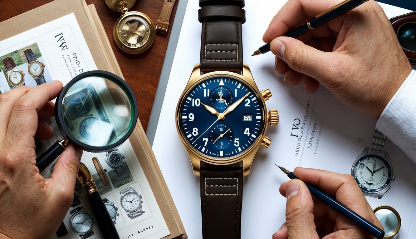 A close-up of an IWC Pilot's Watch, surrounded by vintage watch catalogs, magnifying glasses, and expert hands examining its intricate details