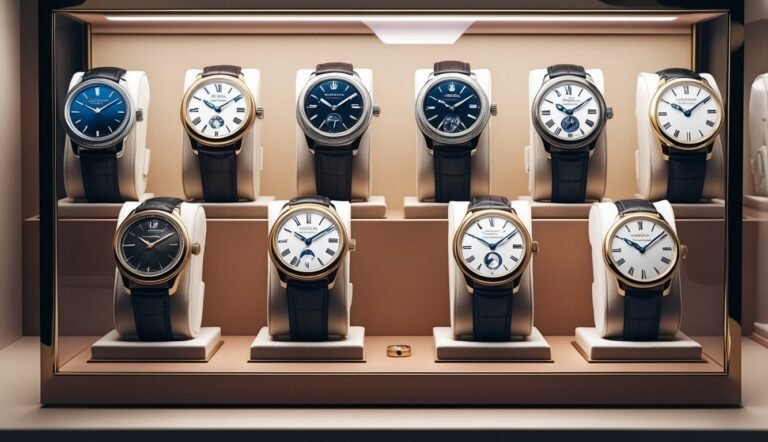 Display case with nine luxury watches, each on a stand