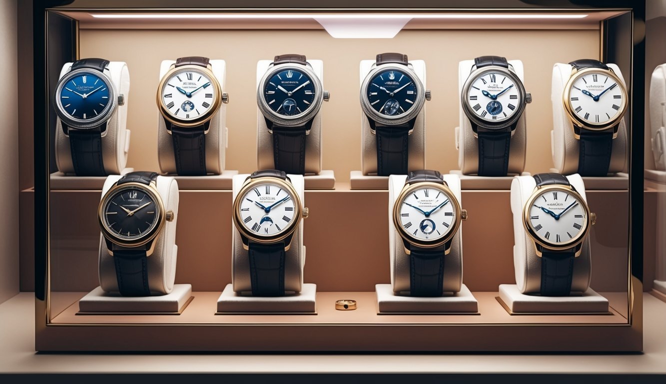 Display case with nine luxury watches, each on a stand