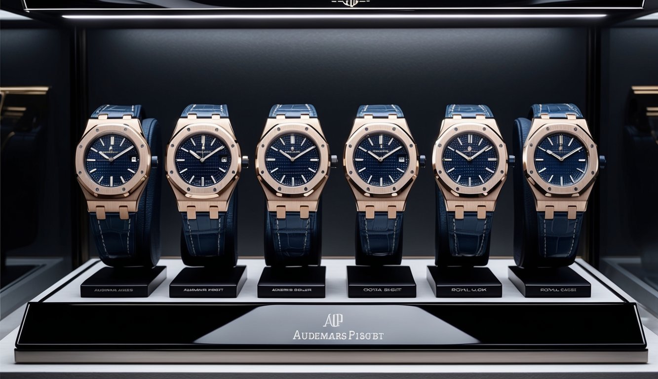 A luxurious display of 8 Audemars Piguet Royal Oak watches arranged in a sleek and modern showcase, each timepiece gleaming with precision and opulence