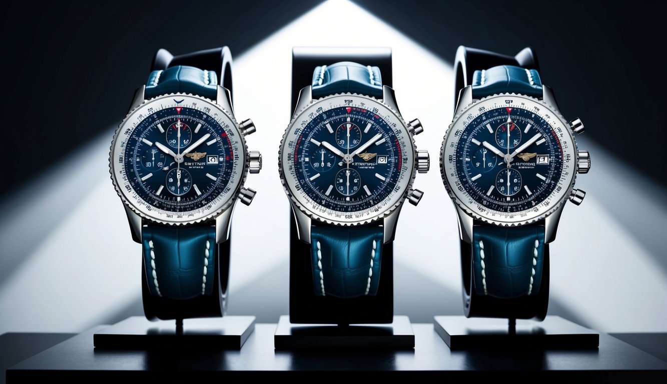 A close-up of three Breitling Navitimer 8 watches arranged on a sleek, modern display stand, with dramatic lighting casting bold shadows