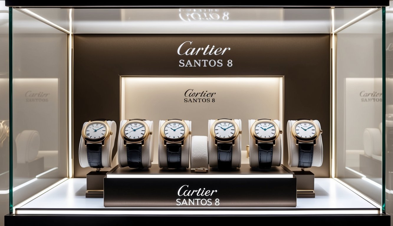 A display case showcasing the Cartier Santos 8 watches, arranged in a precise and elegant manner, with soft lighting highlighting their luxurious design and craftsmanship