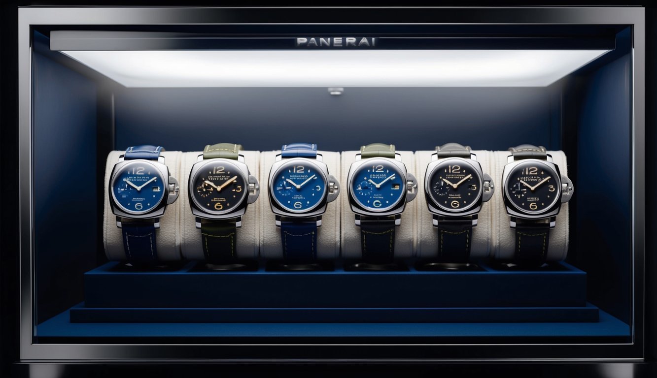 A display case showcasing a collection of Panerai Luminor 8 watches, each meticulously crafted and gleaming under the spotlight