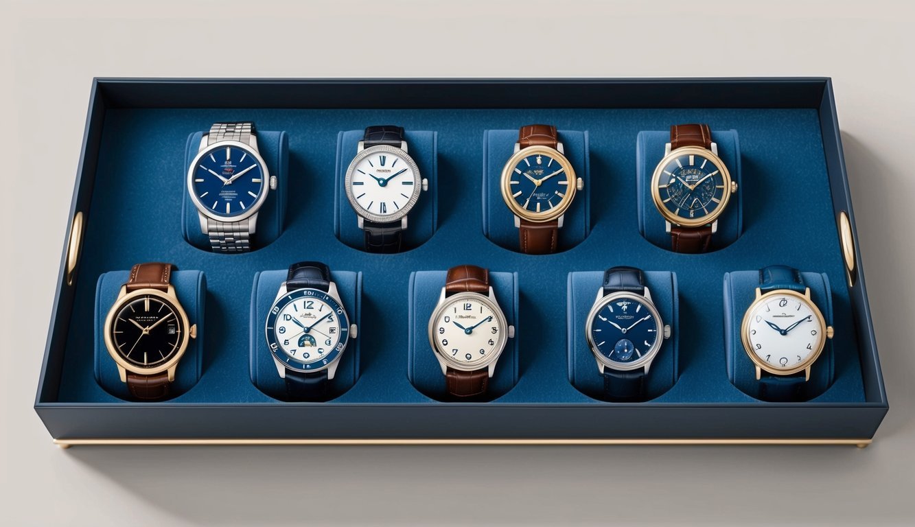 A display of eight luxurious and unique watches arranged on a velvet-lined tray, each timepiece representing a different era and style of watchmaking