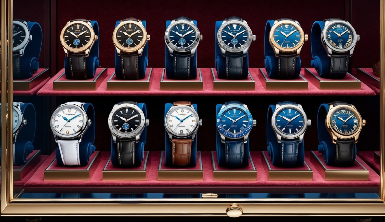 A display case showcasing 8 luxury watches, each with unique designs and intricate details, arranged neatly on a velvet-lined shelf