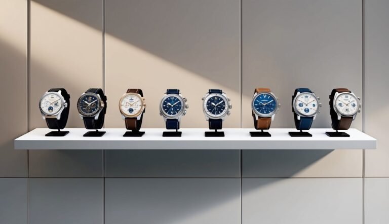 Eight luxury watches displayed on a white shelf against a neutral background