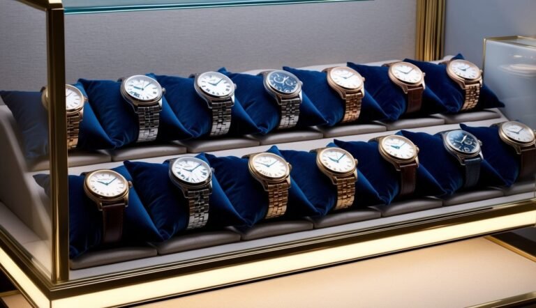 Display case filled with luxury watches on blue velvet pillows