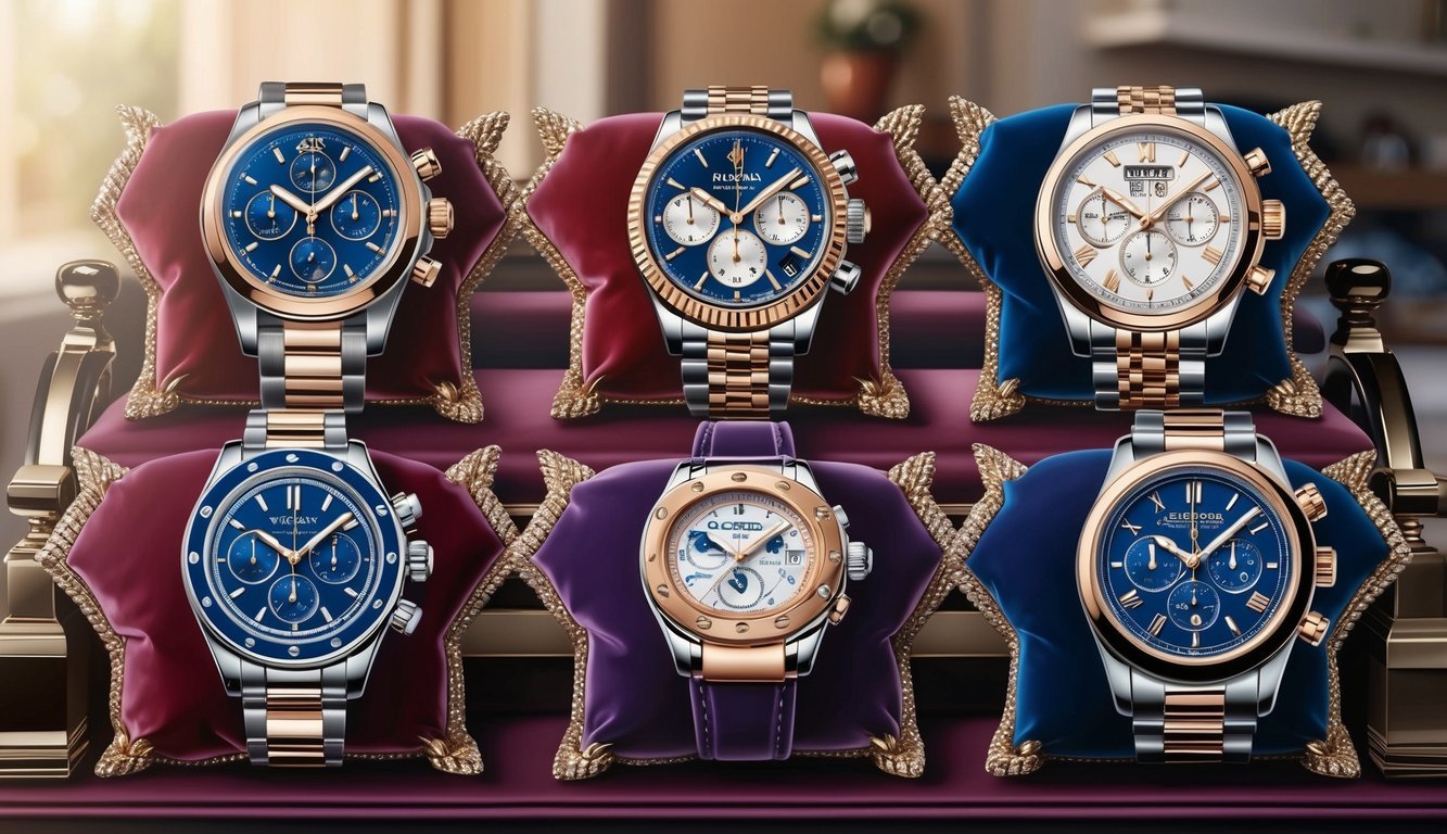 A collection of luxury watches displayed on velvet cushions, with intricate details and gleaming metal accents