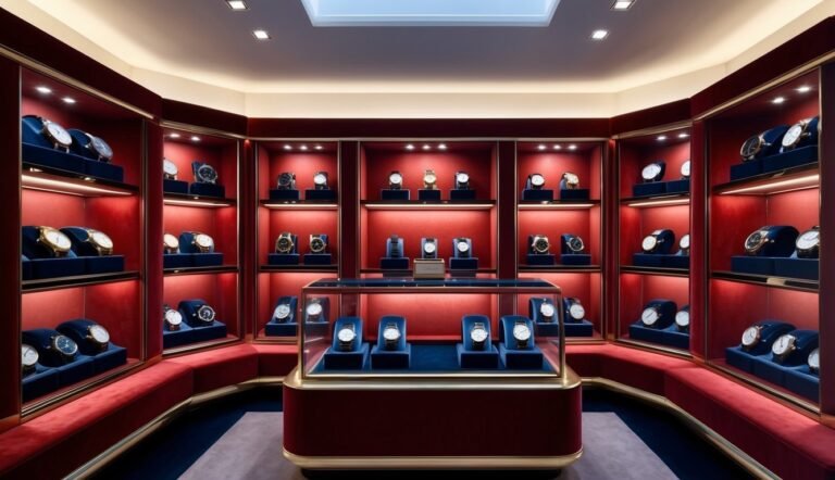 Luxury watch store interior with red walls and many watches on display
