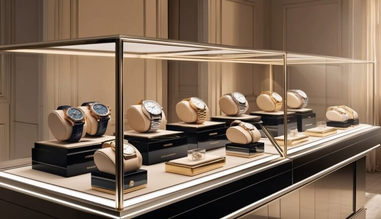 Luxury watches displayed in a glass case in a jewelry store