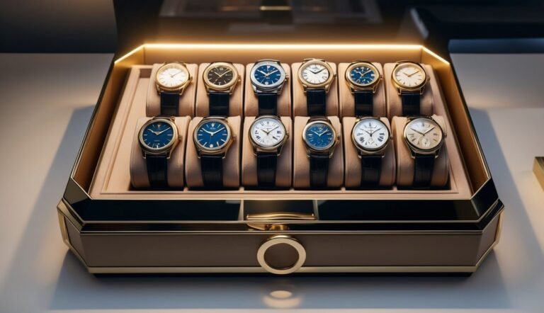A display case with ten luxury watches, various colors and styles