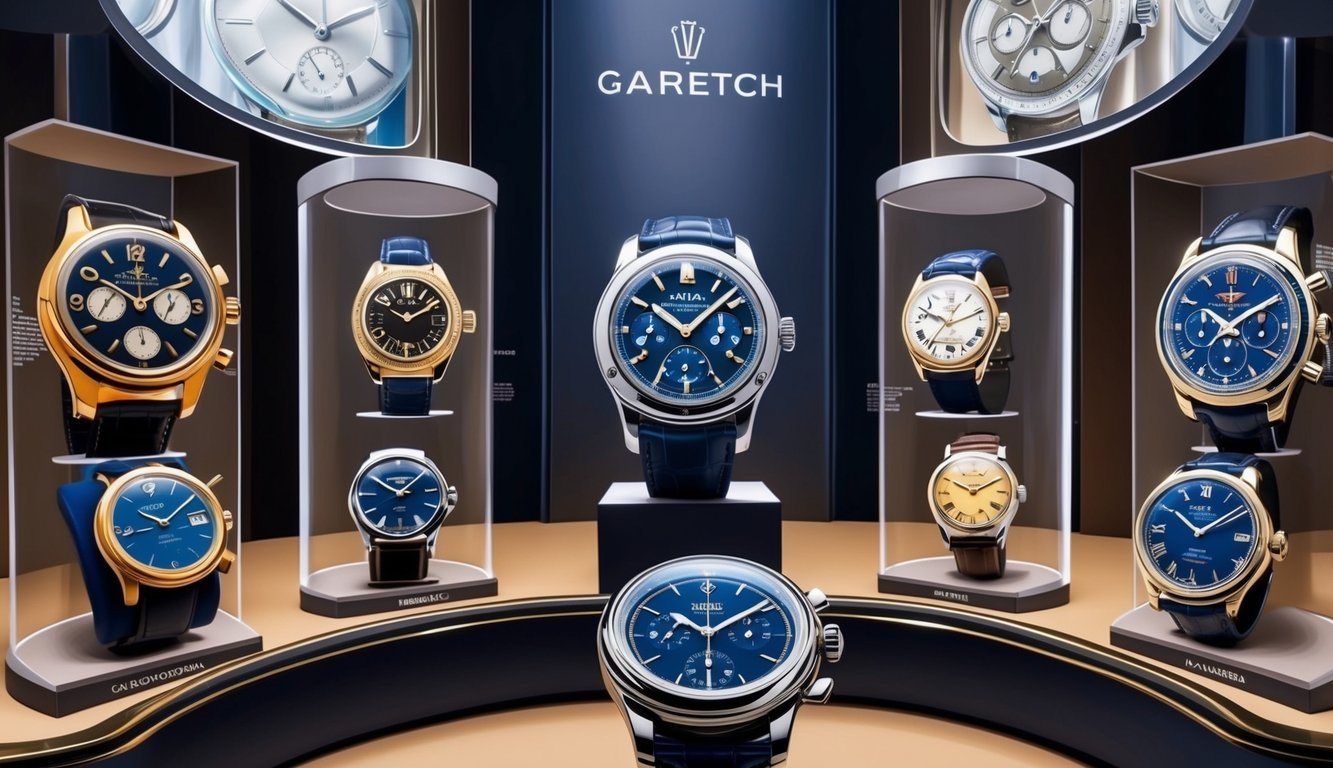 A display of vintage and modern luxury watches, showcasing iconic designs and craftsmanship.</p><p>Brand logos and intricate details are highlighted in the exhibit