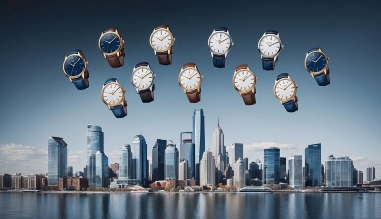 Floating watches above a cityscape with water in the foreground