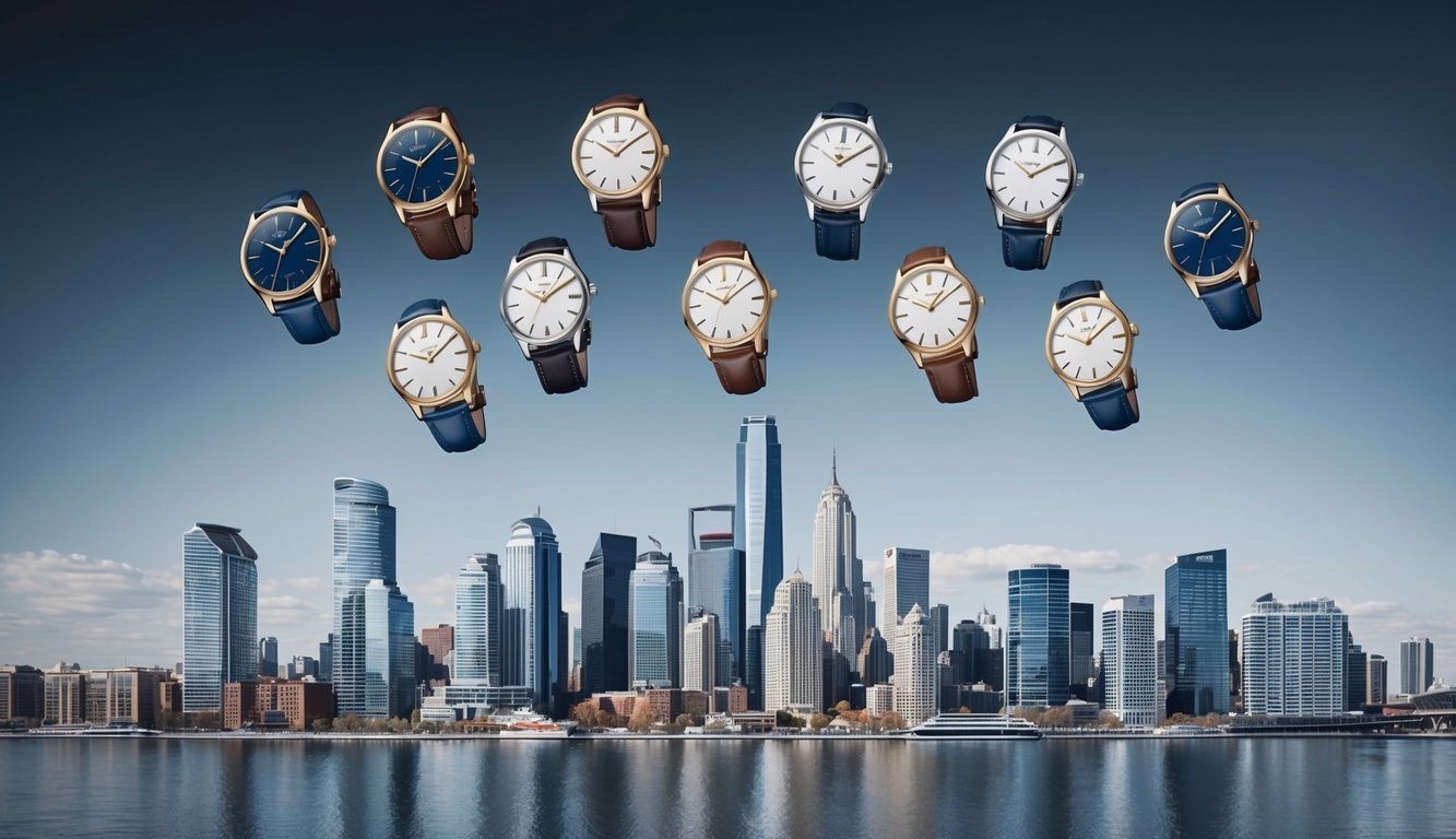A modern urban skyline with ten sleek watches floating in the air, arranged in a dynamic and stylish composition